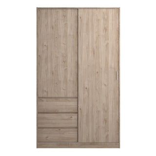 The CHOICEWARDROBE Nakou 2 Door Sliding Wardrobe has a Jackson Hickory Oak finish, three lower left drawers, and two smooth sliding doors. Its modern, space-saving design adds style to any bedroom.
