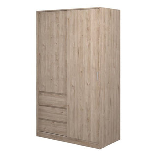 The CHOICEWARDROBE Nakou 2 Door Sliding Wardrobe, in Jackson Hickory Oak finish, features a modern space-saving design with two sliding doors and three lower left drawers.