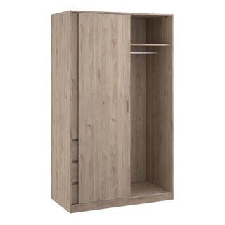 The CHOICEWARDROBE Nakou 2 Door Sliding Wardrobe in Jackson Hickory Oak features a modern, space-saving design with two sliding doors and three left-side drawers, plus a hanging rail, shelf, and spacious storage inside.