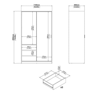 Black and white technical drawing of the CHOICEWARDROBE Nakou 2 Door Sliding Wardrobe with 3 Drawers in Jackson Hickory Oak, showing dimensions (mm/in), sliding doors, shelves, drawers, and a detailed drawer measurement view.