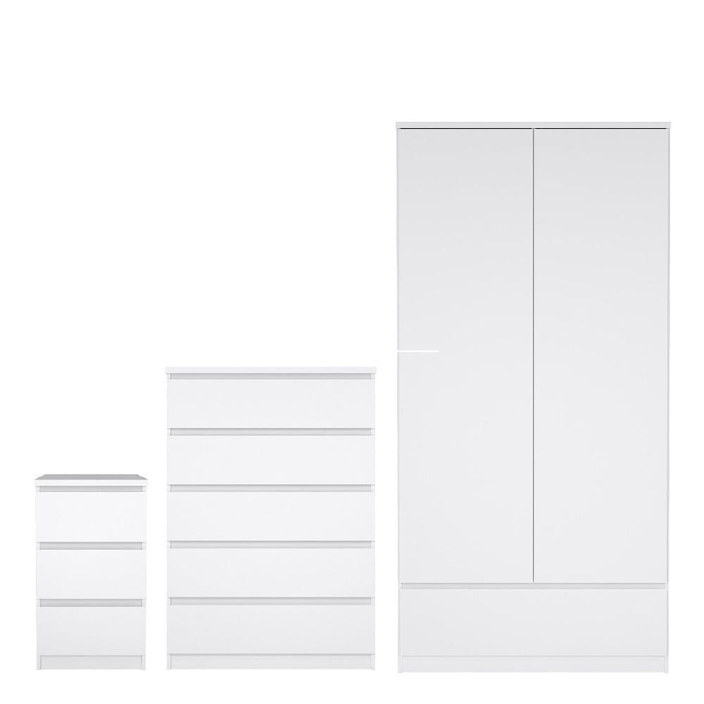 White high gloss 3 piece bedroom set: 2 door wardrobe, 4 drawer chest & bedside table. Modern sleek.