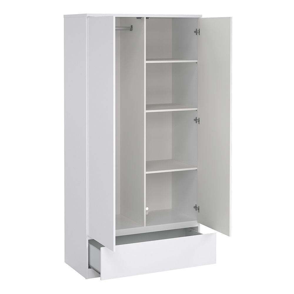 CHOICEWARDROBE Nakou white high gloss 2 door wardrobe with shelves, hanging rail & drawer