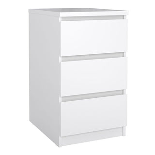 The CHOICEWARDROBE Nakou 3 Piece Bedroom Furniture Set features a modern, sleek design in white high gloss, including a 2 door wardrobe, 4 drawer chest, and bedside table—an elegant addition to any contemporary bedroom.