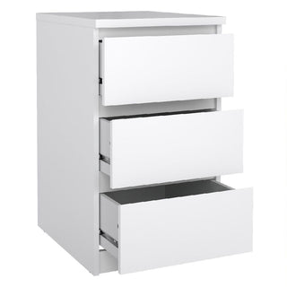 The CHOICEWARDROBE Nakou 3 Piece Bedroom Furniture Set in White High Gloss features a modern, sleek design with a 2 door wardrobe, 4 drawer chest, and bedside table—perfect for complementing contemporary bedrooms.