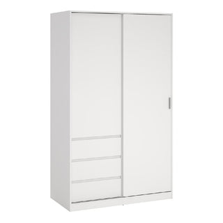 The CHOICEWARDROBE Nakou Sliding Door Wardrobe features a white high gloss finish, one sliding door with a small handle, and four drawers, offering stylish and modern 150cm bedroom storage.