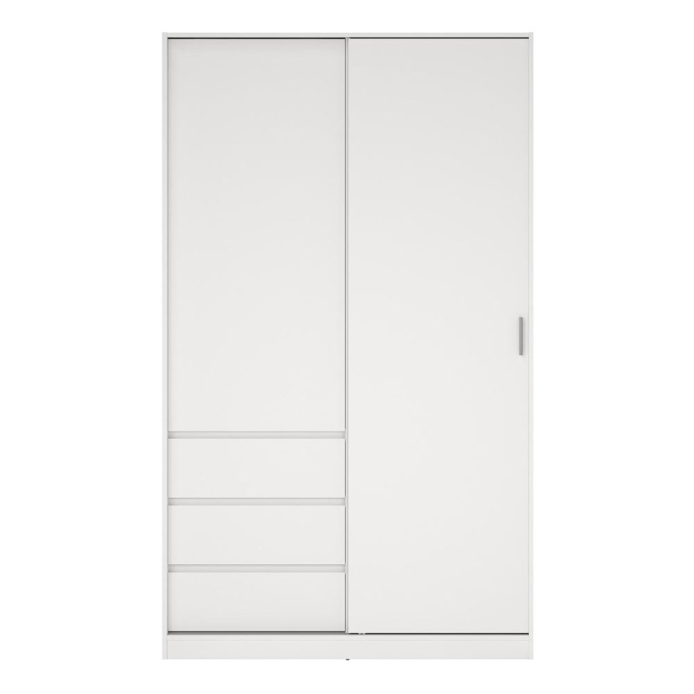 White high gloss sliding door wardrobe with 4 drawers. Modern minimalist design.