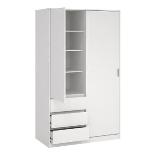The CHOICEWARDROBE Nakou Sliding Door Wardrobe in white high gloss finish features one sliding door, four drawers, and a modern minimalist style—offering ample and stylish 150cm storage for your bedroom.