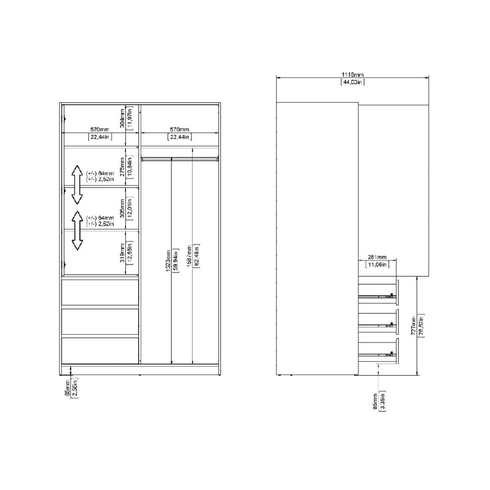 Technical drawing: CHOICEWARDROBE Nakou white gloss wardrobe, sliding door, 4 drawers, with dimensions.