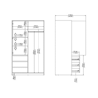 Technical drawing of the CHOICEWARDROBE Nakou Sliding Door Wardrobe (White High Gloss, 1 sliding door, 4 drawers, 150cm) shows shelves, drawers, and hanging space in front and side views with measurements in mm and inches.