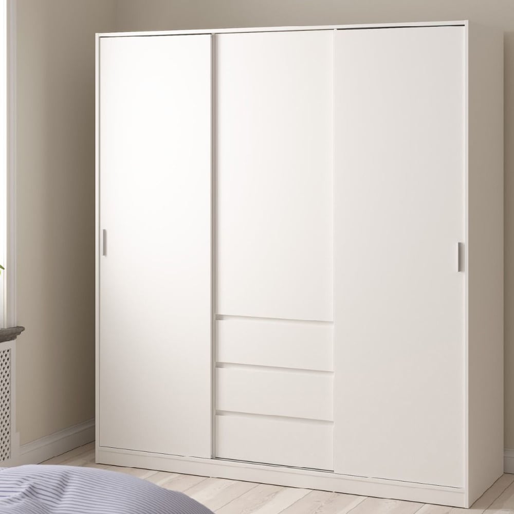 CHOICEWARDROBE Nakou white sliding wardrobe with 3 doors and 3 drawers.