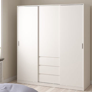 The CHOICEWARDROBE Nakou Wooden Wardrobe features 2 sliding doors, 3 central drawers, hanging rails, and shelving in a modern white design, offering stylish and practical storage for your bedroom. Width: 177cm.