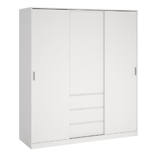 The CHOICEWARDROBE Nakou Wooden Wardrobe offers modern bedroom storage with 2 sliding doors, 3 drawers, hanging rails, and shelving. Finished in white and 177cm wide, it’s a sleek solution for organized living.