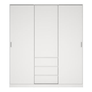 The CHOICEWARDROBE Nakou Wooden Wardrobe features 2 sliding doors, 3 drawers, and a modern white finish. At 177cm wide, it includes hanging rails and shelving for organized, minimalist bedroom storage.