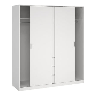 The CHOICEWARDROBE Nakou Wooden Wardrobe features two white sliding doors, three drawers, hanging rails, and shelving—offering modern, spacious bedroom storage in a sleek 177cm-wide design.