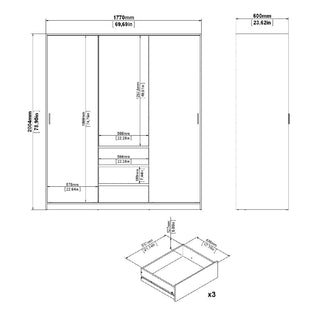 Technical drawing of the CHOICEWARDROBE Nakou Wooden Wardrobe, 177cm wide, in white with 2 sliding doors. Shows front and side views with dimensions (mm/inches). Details one of three identical bedroom storage drawers. Includes hanging rails & shelving.