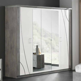 The CHOICEWARDROBE Namilon 236cm 4 Door LED Mirrored Wardrobe features two mirrored doors, a stylish concrete grey and white gloss finish, shelves, hanging rails, and subtle curved line designs for modern bedroom storage.