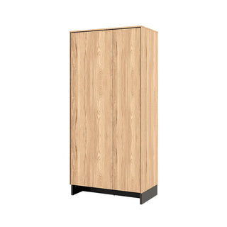 The CHOICEWARDROBE Narva 2 Door Wooden Wardrobe in Mountain Ash offers modern oak-effect bedroom storage with shelves and a hanging rail. Its light wood grain and black base provide a stylish contrast on a plain white background.