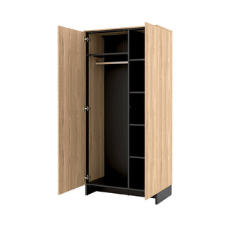 The CHOICEWARDROBE Narva 2 Door Wooden Wardrobe in Mountain Ash features a modern oak-effect finish, with a hanging rail on the left and vertical shelves on the right inside its black interior, offering stylish bedroom storage.