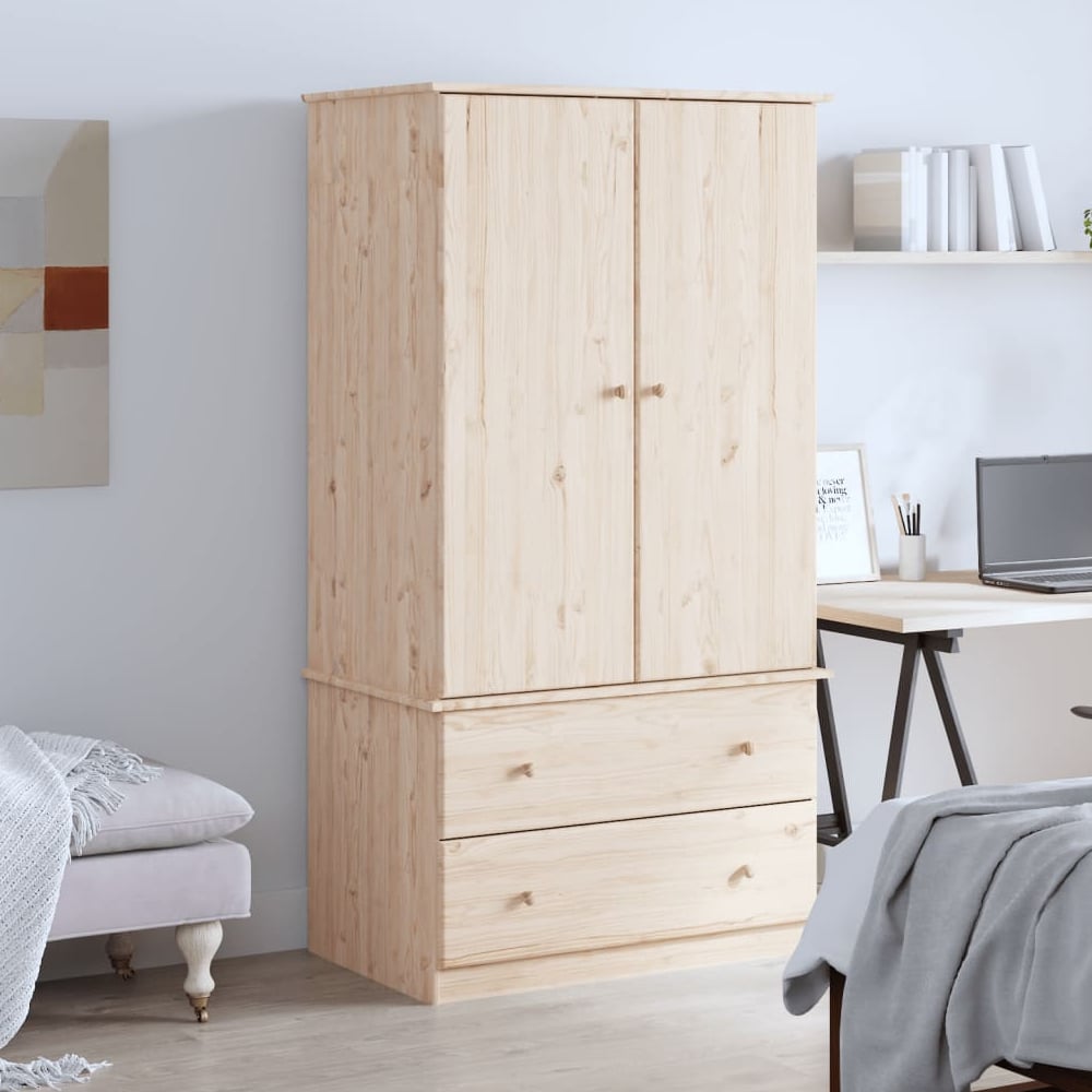 CHOICEWARDROBE Naveri Natural Wood Wardrobe with 2 Drawers, Scandinavian minimalist design.