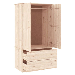 Natural wood wardrobe with two open doors and two drawers, Scandinavian minimalist design