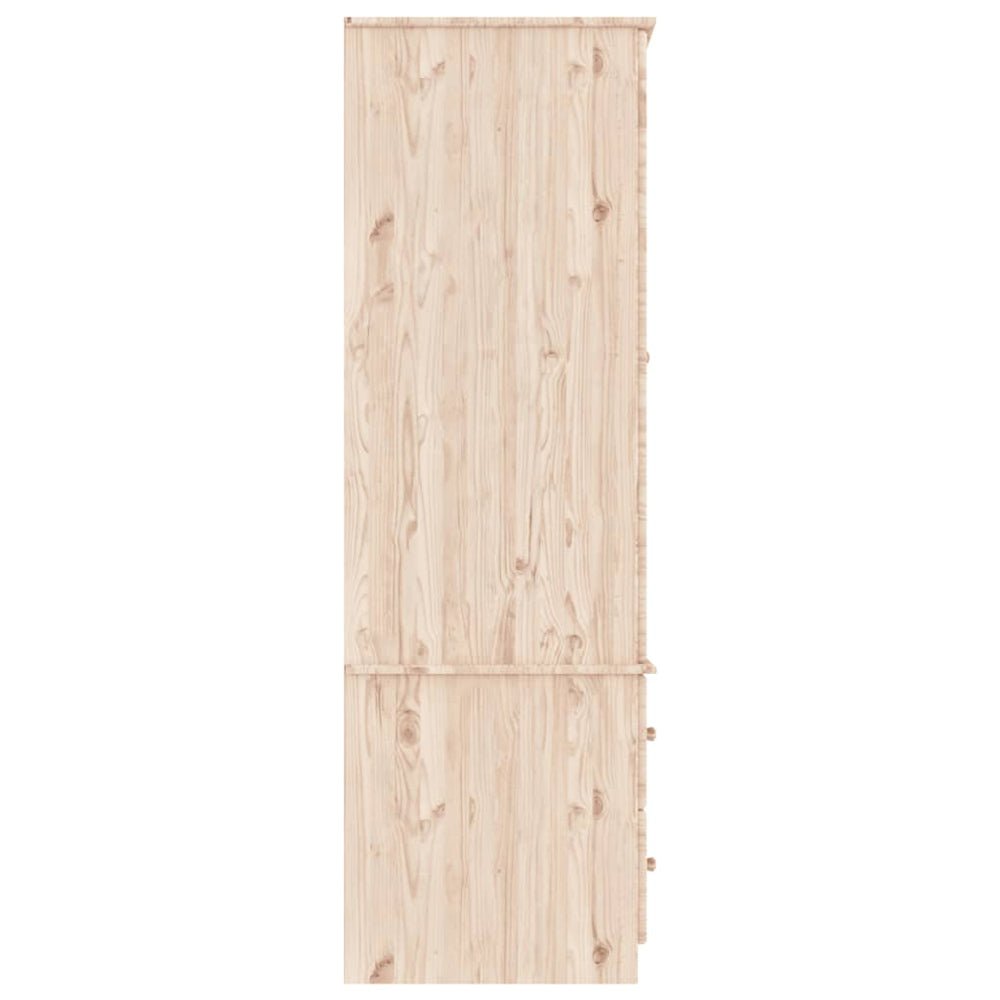 Side view of CHOICEWARDROBE Naveri untreated solid pine wardrobe with two visible drawers.