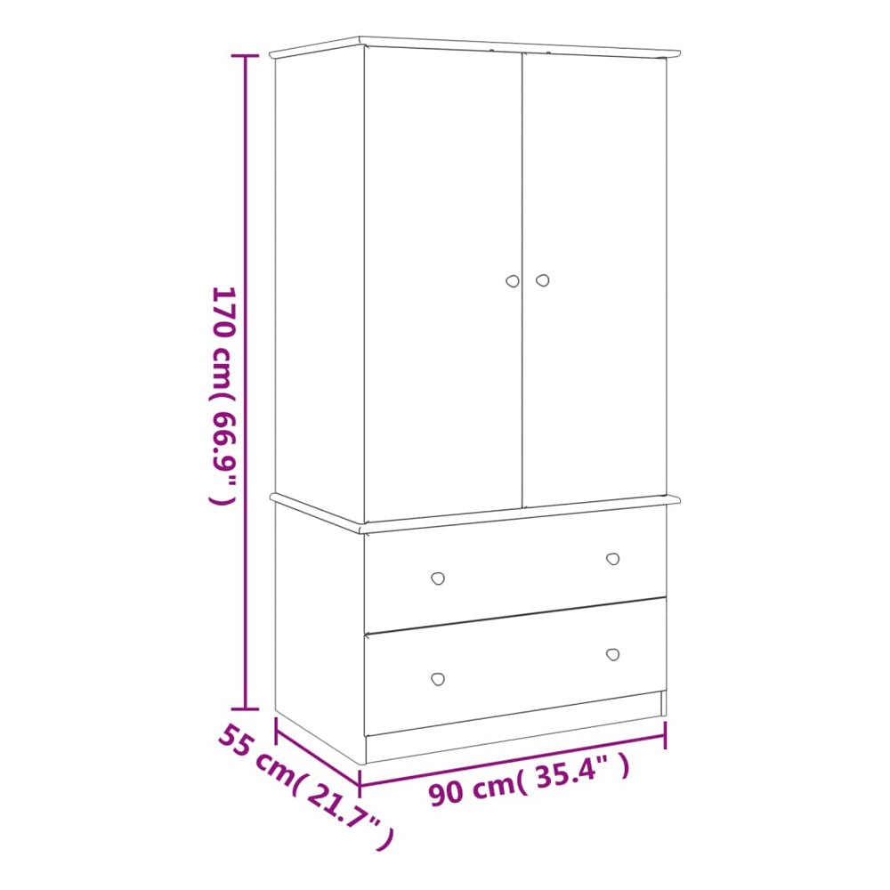 Line drawing of CHOICEWARDROBE Naveri wardrobe with 2 doors and 2 drawers. Dimensions: H170cm x W90cm x D55cm.