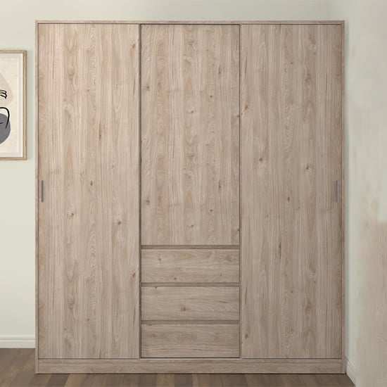 CHOICEWARDROBE 3 door wardrobe in grey with oak top and 3 integrated drawers, traditional country design