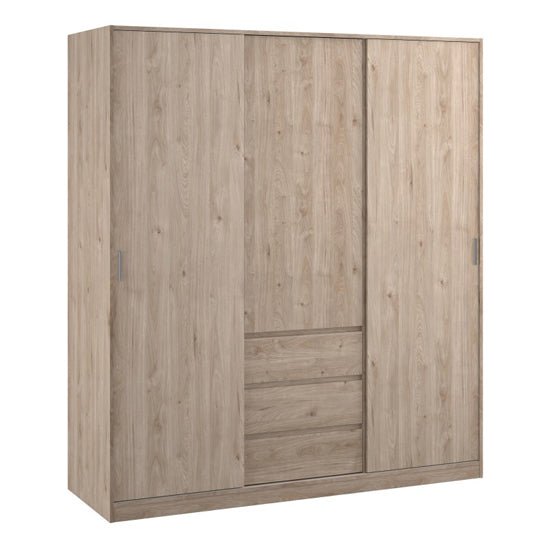 Grey 3 door wardrobe with oak top and 3 visible drawers