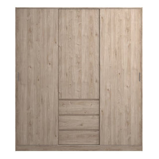 The CHOICEWARDROBE Navor 3 Door Wardrobe features a grey finish with an oak top, spacious bedroom storage, three central drawers, and a traditional country-inspired design—perfect for organizing your space.