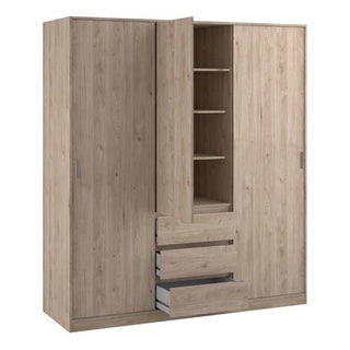The CHOICEWARDROBE Navor 3 Door Wardrobe features a grey finish with an oak top, traditional country design, sliding doors, multiple shelves inside, and two partially open drawers below—ideal for spacious bedroom storage.