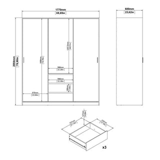 Technical drawing of the CHOICEWARDROBE Navor 3 Door Wardrobe in grey with oak top, traditional country design. Shows front, side, internal views; wardrobe is 1770mm W x 2390mm H x 600mm D with detailed shelf and drawer measurements.