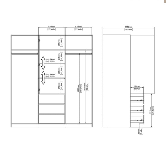 CHOICEWARDROBE 3 door grey wardrobe with oak top and drawers - technical drawing.