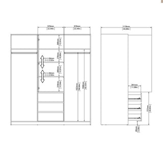Technical drawing of the CHOICEWARDROBE Navor 3 Door Wardrobe in Grey with Oak Top, showing measurements in mm/inch, bedroom storage with shelves, drawers, hanging spaces, and height dimensions marked by arrows.