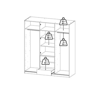 Line drawing of the CHOICEWARDROBE Navor 3 Door Wardrobe—Grey Finish with Oak Top—shows labeled shelves: top and middle hold 22 kg (48 lbs) each, side shelves 8 kg (18 lbs) each; offers spacious bedroom storage in a country-style design.