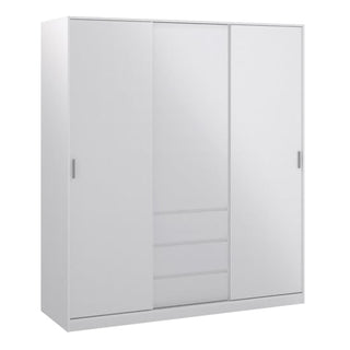 CHOICEWARDROBE Navor Gloss White 3 Door Sliding Wardrobe – Front view with sleek handle-free doors and 3 central drawers