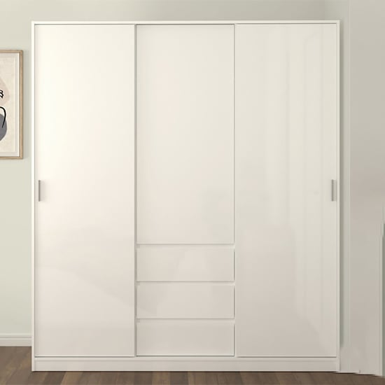 White 3 door sliding wardrobe with drawers, gloss finish, handle-free design