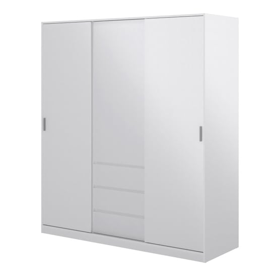 White 3-door sliding wardrobe with three visible drawers
