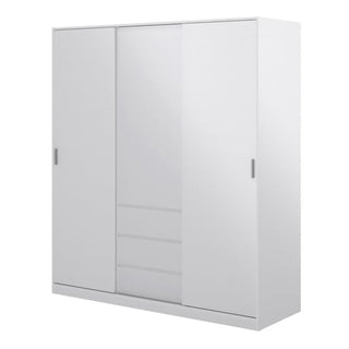 Angled view of Navor Gloss White sliding wardrobe showing smooth door movement and gloss panels