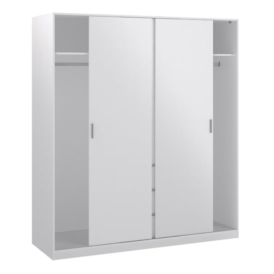 3-door gloss white sliding wardrobe with handle-free doors and visible internal shelving.