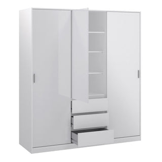 The CHOICEWARDROBE Navor Gloss White 3 Door Sliding Wardrobe with 3 Drawers features a sleek handle-free look and soft-close detailing, perfect for modern bedrooms. Open drawers and doors reveal ample storage, while others stay closed for a minimalist appeal.