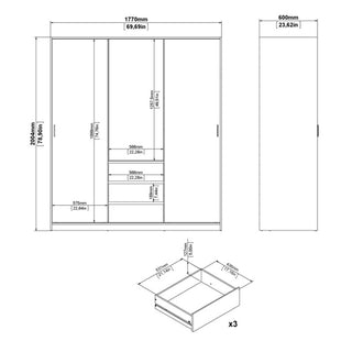 Technical drawing of the CHOICEWARDROBE Navor Gloss White 3 Door Sliding Wardrobe with 3 drawers features gloss finish, handle-free soft-close doors, interior shelving, and precise measurements in mm/inches—perfect for modern bedroom layouts.