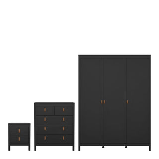 The CHOICEWARDROBE Nero 3-Piece Bedroom Furniture Set in matte black with tan handles includes a wardrobe, six-drawer chest, and three-drawer bedside table, all displayed against a plain white background.