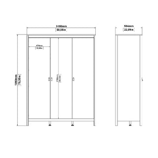 Front and side line drawing of the CHOICEWARDROBE Nero 3-Piece Bedroom Furniture Set wardrobe: 1498mm wide, 1395mm high, 584mm deep, with a 474mm inner compartment—ideal for a modern bedroom in matte black with tan handles.