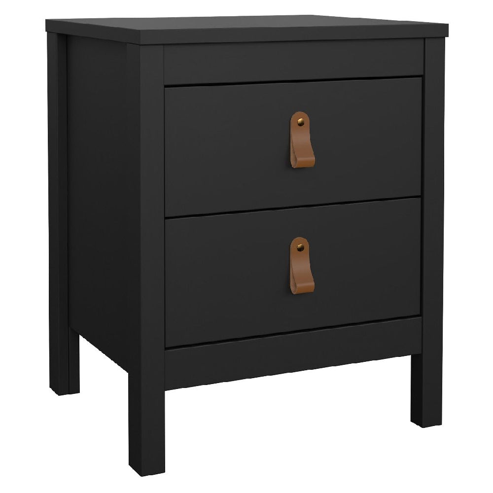Black bedside table with tan leather handle and two drawers | ChoiceWardrobe Nero Set