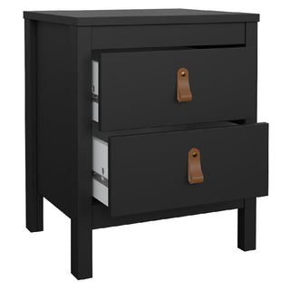 A CHOICEWARDROBE Nero bedside table from the matte black 3-piece set features two partially open drawers with tan handles, revealing white storage boxes inside.
