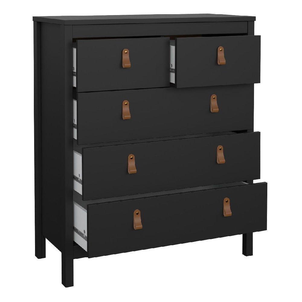 Black chest of drawers with tan pull handles, modern dresser with four drawers, matte black finish, white interior