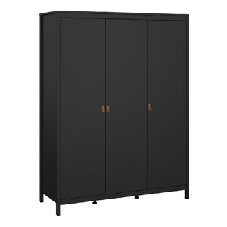 The CHOICEWARDROBE Nero 3-Piece Bedroom Furniture Set in matte black with tan handles includes a modern, three-door wardrobe that stands on four legs, perfectly complementing a contemporary black bedroom set.