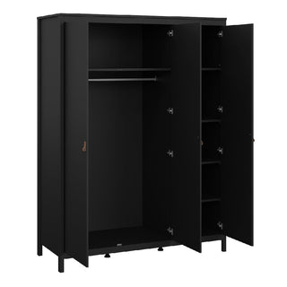 The CHOICEWARDROBE Nero 3-Piece Bedroom Furniture Set in matte black features a wardrobe with two doors, a hanging rod and open space on the left, shelves on the right, plus minimalistic tan handles for a sleek, modern look.