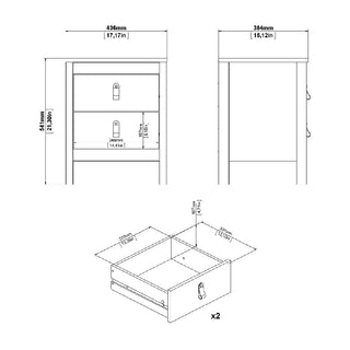 Black-and-white technical drawing of the CHOICEWARDROBE Nero 3-Piece Bedroom Furniture Set in matte black with tan handles, showing front, side, and drawer details with height, width, and depth dimensions in mm and inches.