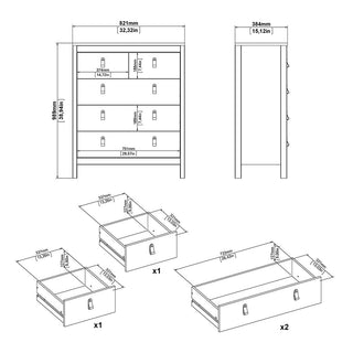 Black and white instructions for assembling the CHOICEWARDROBE Nero 3-Piece Bedroom Set—wardrobe, chest, and bedside unit in matte black with tan handles. Dimensions in mm/inches; bottom section details assembly of three separate drawer parts.